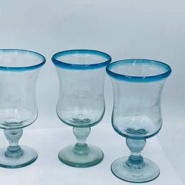 Authentic Mexican Handmade 16 oz Hurricane Glasses, Set of 3- Aqua Rim 