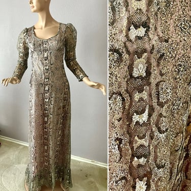 Reptile Print Maxi Dress, Metallic Lurex Lace, Empire Style, Deep Scoop, Vintage 60s 70s Style 