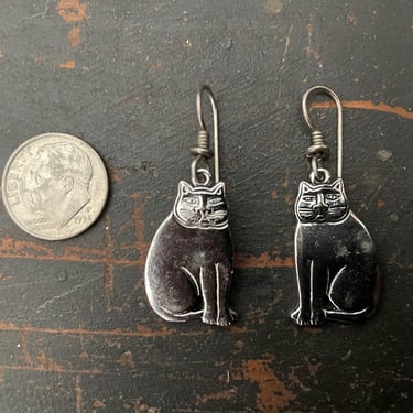 Vintage ‘80s Laurel Burch cat earrings, silver cat wire earrings, artist signed 