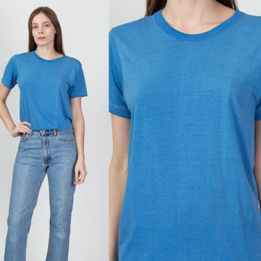 80s Plain Blue Single Stitch Tee - Men's Small, Women's Medium | Vintage Crew Neck Unisex T-Shirt 