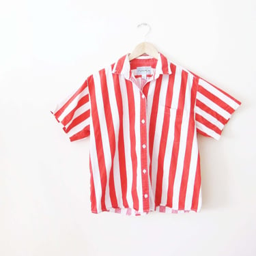 Vintage Red White Wide Stripe Button Up S M - 1980s Forienza Short Sleeve Collared Cotton Top 