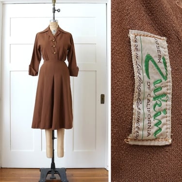 vintage early 1950s California designer Joseph Zukin dress • brown wool crepe fit & flare day dress 