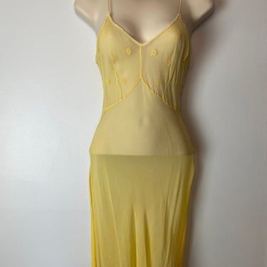 1930’s 40’s all Silk crepe Sheer slip Slip dress lingerie ~ Sunny yellow embroidered flowers delicate XXSM 