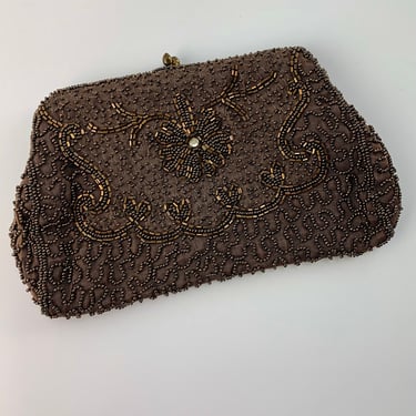 1950's Beaded Clutch - Copper & Dark Brown Beadwork - Satin Lined with Side Pocket - Hand Made in Belgium 