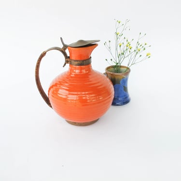 California Pottery Orange Ceramic Pitcher With Copper and Woven Rope Handle 