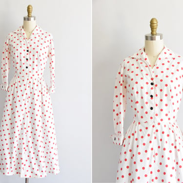 1950s Polkamania dress/ vintage 50s cotton daydress/ Julie Miller polka dot dress 