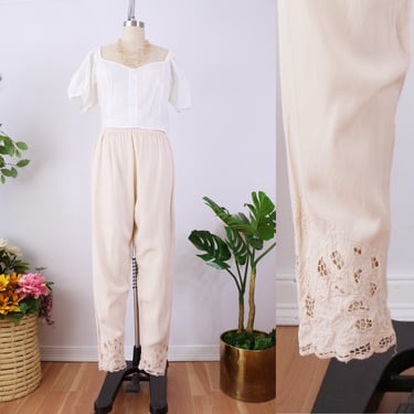 SIZE L Surya Pale Pink Rayon Joggers with Cutwork Cuffs - Pink Elastic Waist Pants - Romantic Boho Style 
