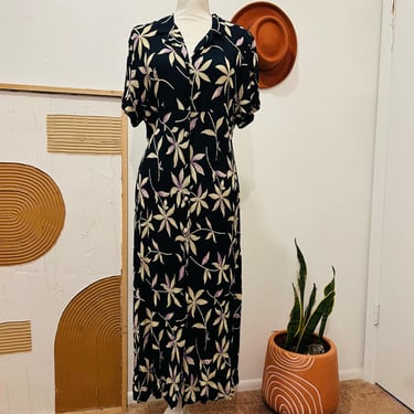 Vintage 90s Sag Harbor Short Sleeve Button Front Floral Print Maxi Dress 