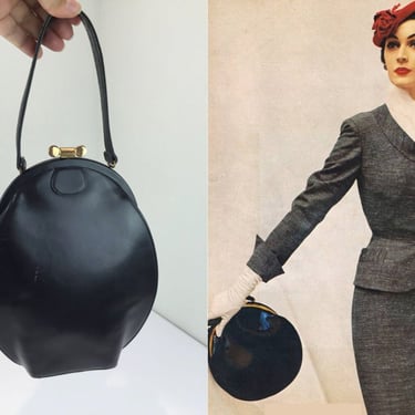 Slender & Fit - Vintage 1940s 1950s Dofan Black Leather Oval Slender Handbag Purse 