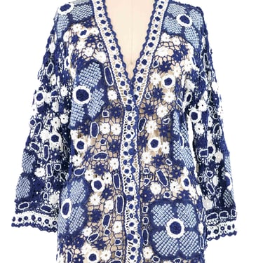 Blue Shibori Applique Crochet Cardigan