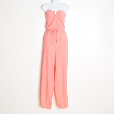 vintage 80s jumpsuit peach terry cloth strapless romper one piece outfit L 