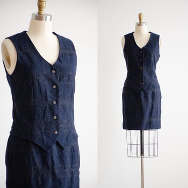 blue wool mini skirt suit 90s y2k vintage navy embroidered vest and skirt set 