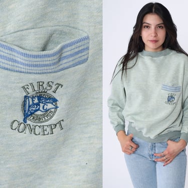 Grey Ringer Sweatshirt 90s Pullover Sweater Pocket 1990s Vintage First Concept Nautical Plain Logo Sweatshirt Crewneck Small S 