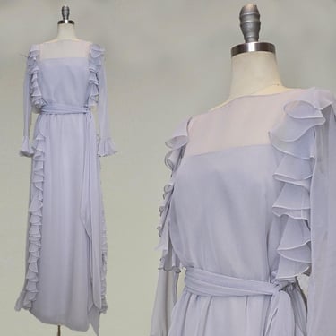 1980s Jill Richards Gown / Chiffon Gown / Gray Evening Dress / Gray Gown / Formal Dress / Size Medium Large 