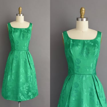 1950s Vintage Dress | Mardi Gras Kelly Green Floral Brocade Holiday Party Dress | XS 