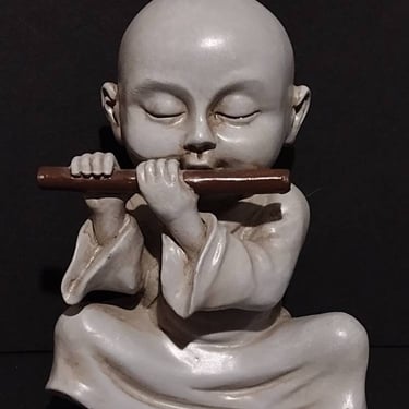 Vintage Baby Buddha Buddhist Monk Flute Player Resin Garden Art Sculpture 6" 