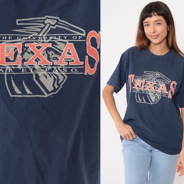 University of Texas T Shirt 90s El Paso Tshirt College T Shirt Vintage Graphic Crewneck Tee 1990s Retro Navy Blue Medium 
