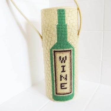 Vintage Wine Cross Stitch Tote Carrier - Green Wine Bottle Hand Made Needlepoint Vase - QuirkyDecor House Warming Gift 