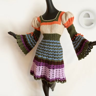 Vintage 1970s Crocheted Hippie Dress! | MOD Boho Festival | Huge Poet Bell Sleeves a la 