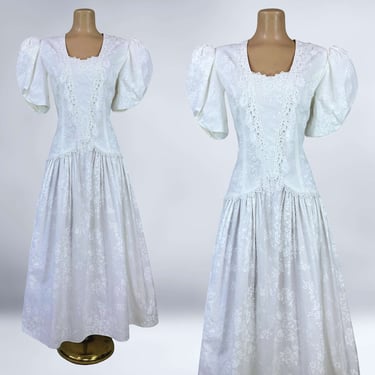 VINTAGE 80s White on White Crochet Collar Cottage Dress By Scott McClintock Size 10 | 1980s Romantic Victorian Alternate Wedding Dress | VFG 