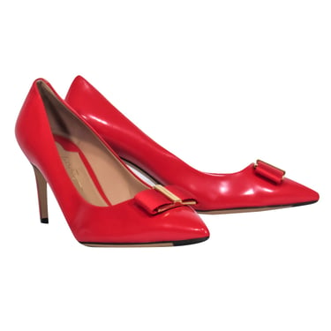 Ferragamo - Red Shiny Leather &quot;Erice&quot; Pointed Toe Bow Pumps Sz 9.5