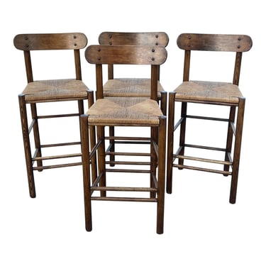 Late 20th Century Solid Oak Rush Seat Farmhouse Barstools - Set of 4 