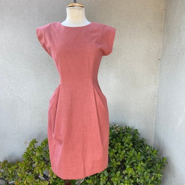 Vintage custom made tailored 80s style dress rust color padded shoulders pockets sz Small 