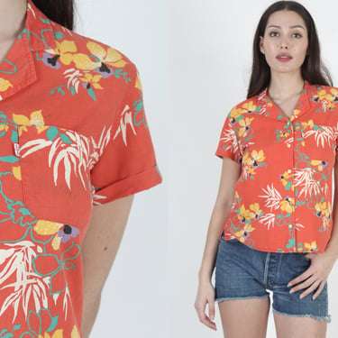 Levis Button Up Hawaiian Shirt, Womens 70s Tropical Island Blouse, Vintage Designer Soft All Over Print Tunic 