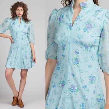 70s Blue Floral Bias Cut Mini Dress - Medium | Vintage Baby Blue Sheer Half Sleeve Boho Sundress 
