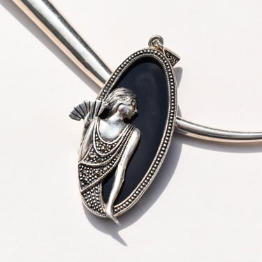 Art Deco Revival Sterling Silver Black Onyx Marcasite Flapper Pendant, Estate Jewelry, 2 1/8