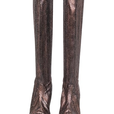 Manolo Blahnik - Brown & Copper Snakeskin Embossed Leather Tall Boots Sz 8