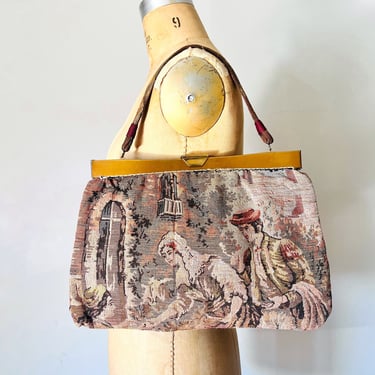 60s tapestry handbag, medieval large purse, vintage tote bag, tapestry novelty purse, vintage needlepoint handbag 