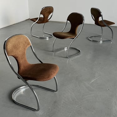 1 of 4 Space Age Cantilever Dining Chairs in the Style of Gastone Rinaldi, Brown Upholstery and Chromed Steel, 1970s Italy 