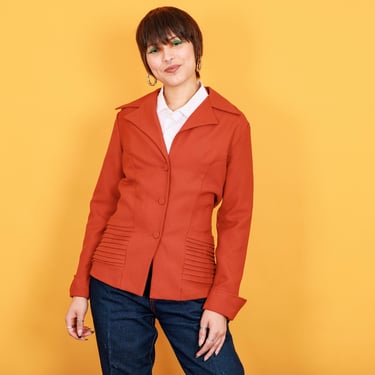 70s Pumpkin Orange Knit Blazer Vintage Long Sleeve Pointy Collar Jacket 