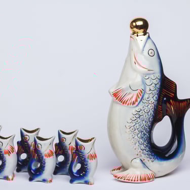Fish Decanter Vintage glassware Ceramic fish bottle Carafe Ukrainian Drinking Set Porcelain Vodka Whiskey Shot Glasses Birthday gift for dad 