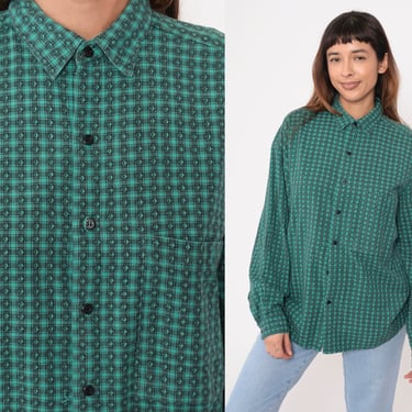 Green Checkered Shirt 90s Button Up Oxford Shirt Retro Grunge Long Sleeve Boyfriend Top Vintage 1990s Black Geometric Print Men's Medium 