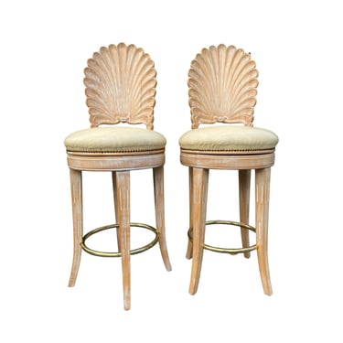 Set of 2 Vintage Italian Shell Bar Stools with Ivory Leather & Brass Studs by Worrells - Made in Italy Carved Wood Barstools Pair 