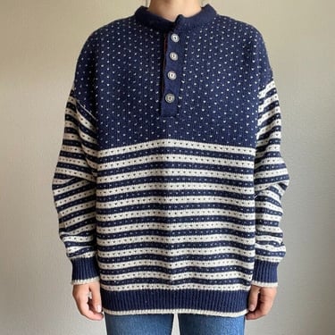 Vintage Janus Norwegian Fair Isle Navy Blue Fair Isle Chunky Wool Sweater Sz M 