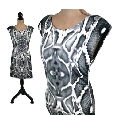 90s Y2K Short Snake Print Dress Medium, Cap Sleeve Jersey Knit Bodycon Mini Dress, Reptile Gray Black White, Club Clothes Women Vintage 