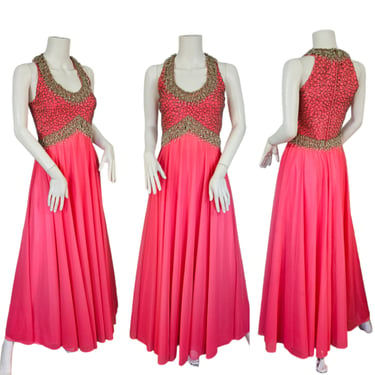 Mike Benet 1960's Barbie Pink Heavily Crystal Beaded Chiffon Long Gown I Dress I Sz Med 