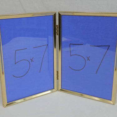 Vintage Hinged Double Picture Frame - Tabletop or Wall - Gold Tone Metal w/ Glass - Holds Two 5