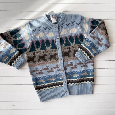 cute cottagecore sweater | 80s 90s vintage Orvis deer duck fish forest animal scenic landscape intarsia strweetwear aesthetic cardigan 