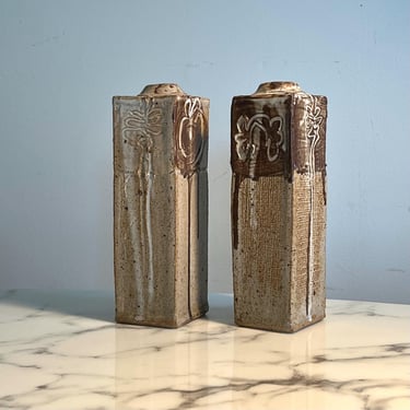 Modernist pair of square hand thrown weed  vases signed Edwards 