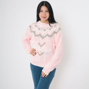 Vintage Icelandic Sweater 80s Pastel Baby Pink Boho Sweater Ski Sweater Bohemian Fair Isle Sweater 1980s Ramie Cotton Knit Small S 