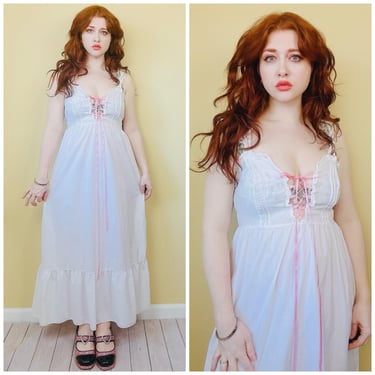 1970s Vintage White Lace Up Prairie Dress / 70s / Seventies Coquette Pink Lace Up Semi Sheer Gown / Size Large 