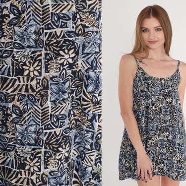 Tropical Tank Top 90s Tunic Top Geometric Floral Stamp Print Sleeveless Summer Blouse Hippie Shirt Navy Blue Jungle Vintage 1990s Small S 