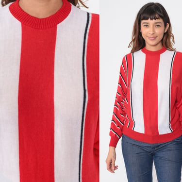 Red Striped Sweater 80s Pullover Knit Sweater Dolman Batwing Sleeve Retro Crewneck Jumper White Black Vertical Stripes Vintage 1980s Medium 