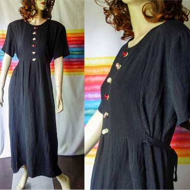 90s dress with rosebud buttons sz medium/large, full length vintage simple black floral short sleeve modest casual ankle dress by JBS Ltd. 