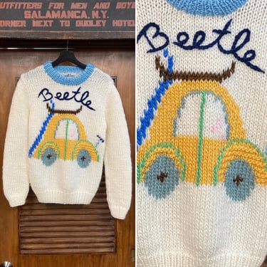 Vintage 1980’s Beetle Car Cartoon Acrylic Knit New Wave Sweater, 80’s Knit Top, Vintage Clothing 