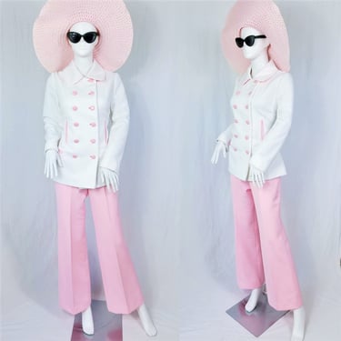 1970's Pink White Lilli Ann 2 Pc Pantsuit Pants Jacket I Blazer I Sz Med I MOD 